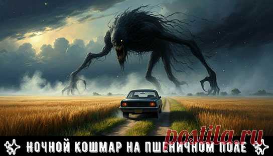 Внезапно, из тумана появляется огромная чёрная фигура с длинными, изогнутыми конечностями. Она медленно приближается к машине, её глаза горят зловещим светом. Существо опускает одну из своих гигантских лап на крышу автомобиля, и машина останавливается, словно придавленная невидимой силой...