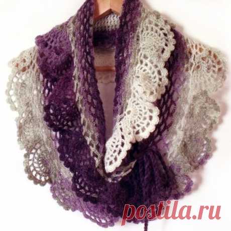 Lace crochet scarf ruffle capelet prayer shawl purple white Victorian