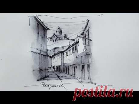 How to draw with soluble ink. Pen and Water Brush. A Sunlit Alley with Shadows
