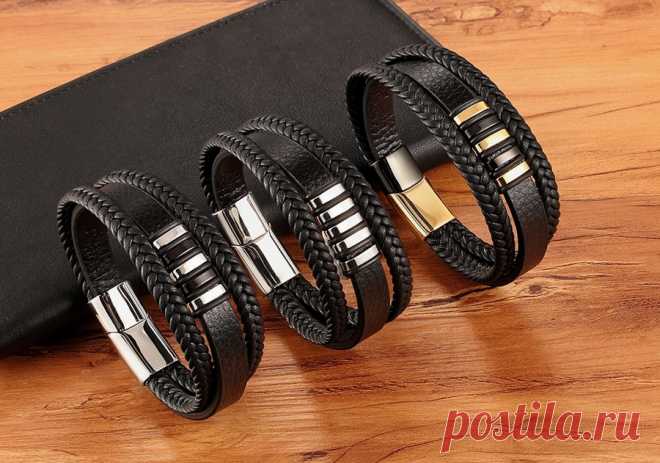 Модный Магнитный черный мужской браслет из нержавеющей стали, кожаный плетеный браслет в стиле панк-рок, ювелирные аксессуары для друзей | Украшения и аксессуары | АлиЭкспресс