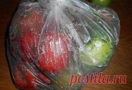 ВКУСНЕЙШИЕ в ПАКЕТАХ и ПОМИДОРЧИКИ и ОГУРЧИКИ "СТРАСТЬ" 

Ингредиенты: 

- 1 кг. помидор или огурцов 
- 1 ст. л. соли 
- 1 ч. л. сахара 
- укроп, 
- 1-2 головик чеснока. 

Приготовление: 

1. Необходимо выбрать томаты или огурцы,примерно одно размера, чтобы просолились одновременно. 
Помидоры или огурчики,помыть, срезать у низ носики, сложить в пакет. 
2. Чеснок очистить, измельчить и добавить в подготовленные помидоры. 
3. Измельчить: либо зелень укропа, либо его сухие со...