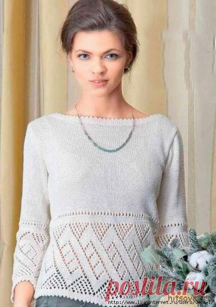 ВЯЗАНИЕ

Размер: 40

Вам потребуется: 550-600 белой (№ 185) пряжи Alpina ANABEL (100% мерсеризованного хлопка, 120 м/50 г); спицы №3,5.

Вязаный джемпер с ажурной каймой со схемойАжурная кайма: вязать по схеме, на которой приведены только лицевые ряды, в изнаночных рядах накиды провязывать изнаночными. Провязать с 7-го по 58-й ряд.

Лицевая гладь: лицевые ряды – лицевые петли, изнаночные ряды – изнаночные петли.

Зубчатый край.

1-й ряд: кромочный, * 2 петли вместе лицевой...