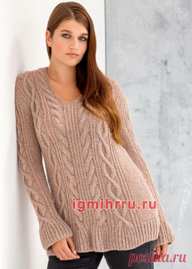 Для полных дам. Розовый пуловер с «косами» и патентным узором. Вязание спицами со схемами и описанием