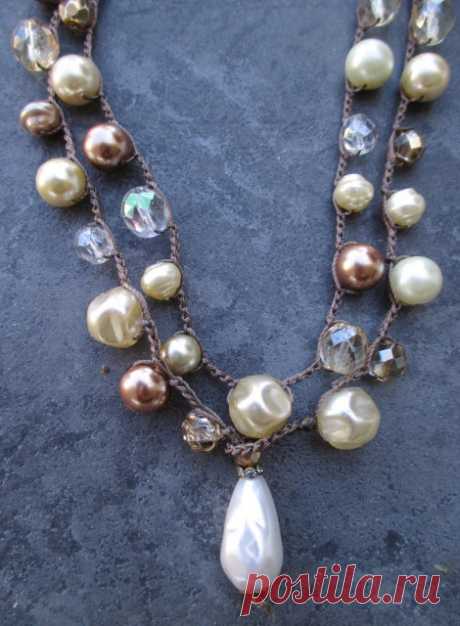 Pearl crochet long wrap necklace - Party On - neutral beige cream pearl long necklace teardrop classic crocheted jewelry by slashKnots Perfect time of year to get your Party On... Neutral mix of pearls and czech glass crocheted on brown cord. Wear it long or doubled... you simply cant go wrong with classic pearls!    *Shown layered with another necklace also available in my shop (last pic)...    As with all of my jewelry, I ONLY use TOP quality beads in my work. The result...