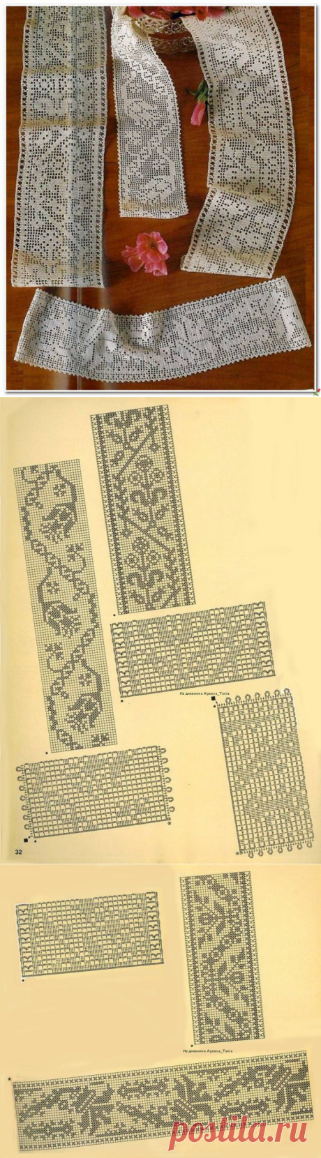 Тесьма в филейной технике крючком. Филейное вязание кайма схемы |