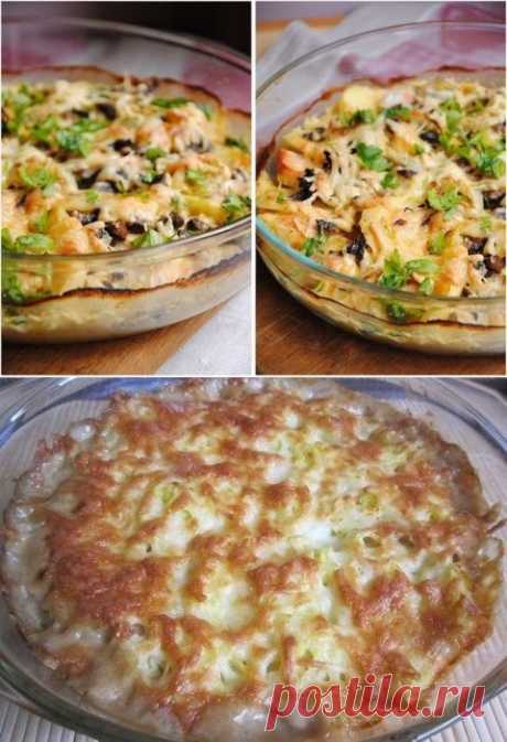 Картофельный гратен с курицей и грибами