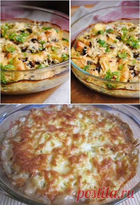 Картофельный гратен с курицей и грибами