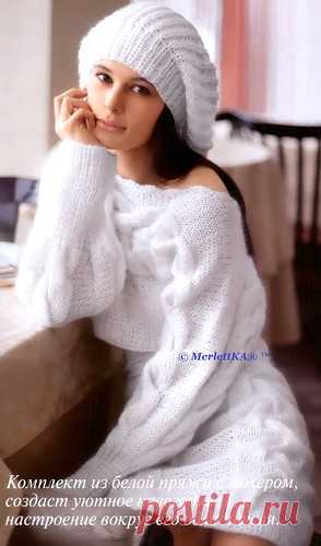 Нежный пуловер листьями и берет ☆ вязание спицами