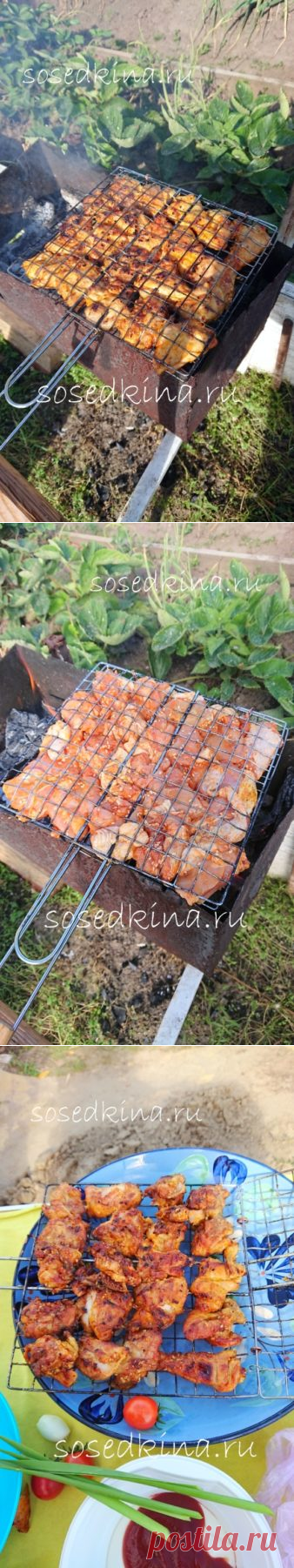 Курочка Якитори на углях. 

СОСТАВ:
Филе курицы (у меня филе бедра) – 1,5 кг
Корень имбиря (тёртый) – 1 ч.л.
Картофельный крахмал – 1 ч.л.
Масло кунжутное – 1 ч.л.
Устричный соус – 1 ст.л.
Соевый соус – 200 мл
Перец чили (молот.)
Мирин – 100 мл
Сахар – 1 ст.л.
Чеснок – 2зуб.
Кунжут