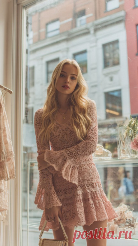 Нежный образ: вязаное платье и городская элегантность. Изображение из нейросети Миджорни - Midjourney примеры промтов - Форум ИИ о нейросетях - Yes Ai