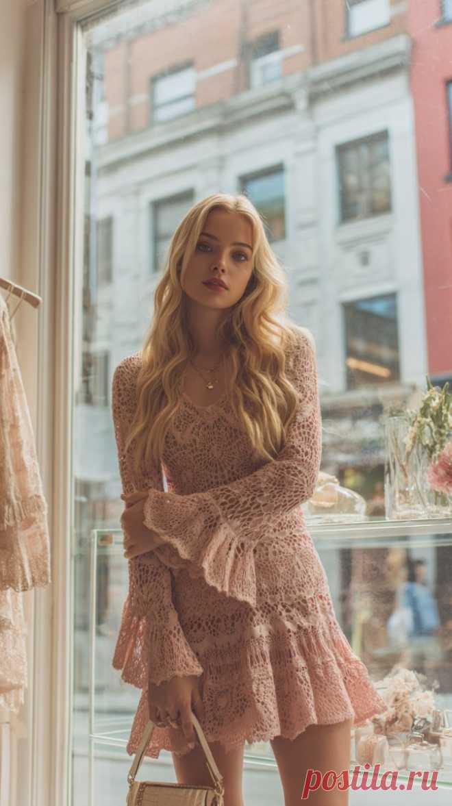 Нежный образ: вязаное платье и городская элегантность. Изображение из нейросети Миджорни - Midjourney примеры промтов - Форум ИИ о нейросетях - Yes Ai