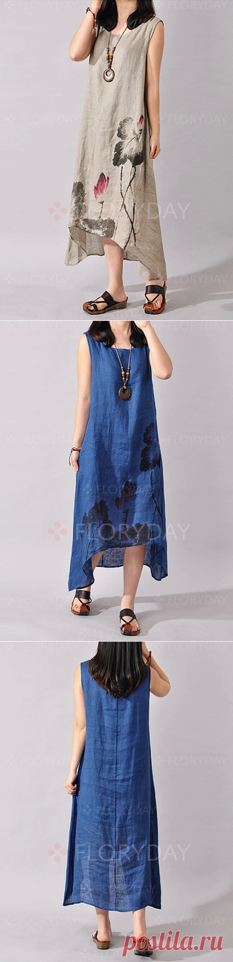 Floryday - Винтажное платье из лена длины миди с цветочным принтом без рукавов (1955106576)
