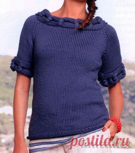 Джемпер с короткими рукавами, украшенный отделкой под морские узлы. Спицами. / knitt.net