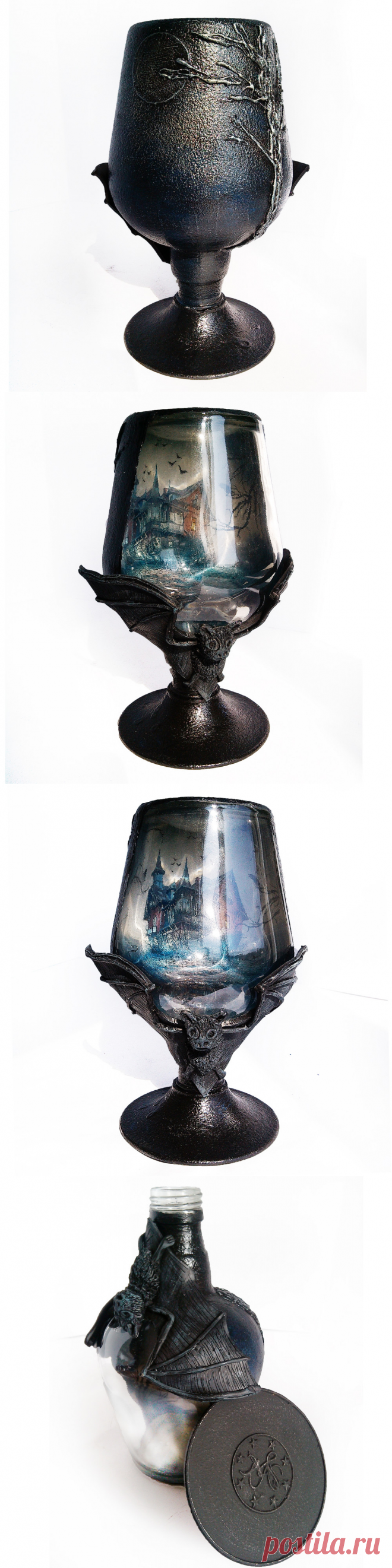 Готический кубок с летучей мышью ручной работы чёрного цвета с доставкой по России и СНГ, объём 0.5 л. На кубке изображена картинка дом с призраками.