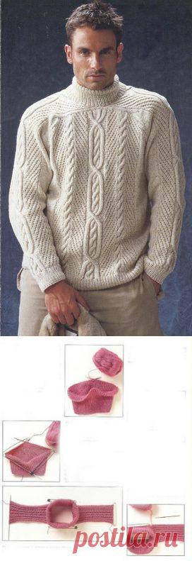 Вязание ирландского пуловера сверху вниз.