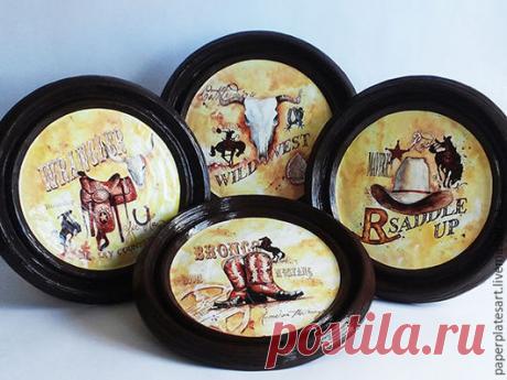 Ковбойский набор из 4-х панно - ковбойский стиль, декор в детскую, декор в ковбойском стиле, панно в ковбойском стиле, панно на стену, панно настенные, панно декоративные, декор для интерьера, из газетных трубочек, декор в вестерн стиле, панно для интерьера