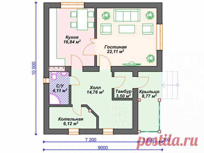 Готовый проект каменного дома из блока 9 на 10 м с 3 спальнями и мансардой