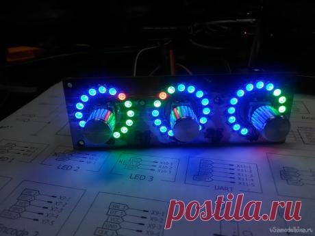 Забавная Регулировка для усилителя Собственно это продолжение ремонта усилителя переросшее в модернизацию.Сей блок это регулировка уровня звука, баланса и тембра с визуальным оформлением на адресных RGB светодиодах. Схема управляющей части - упрощенная. Энкодер с кнопкой и ряд адресных RGB диодов:Печатная плата с тремя модулями