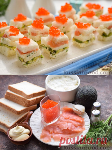 Канапе с творожным сыром, авокадо, красной рыбой и икрой