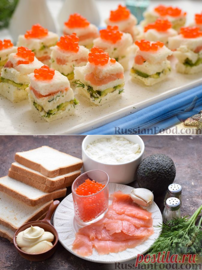 Канапе с творожным сыром, авокадо, красной рыбой и икрой