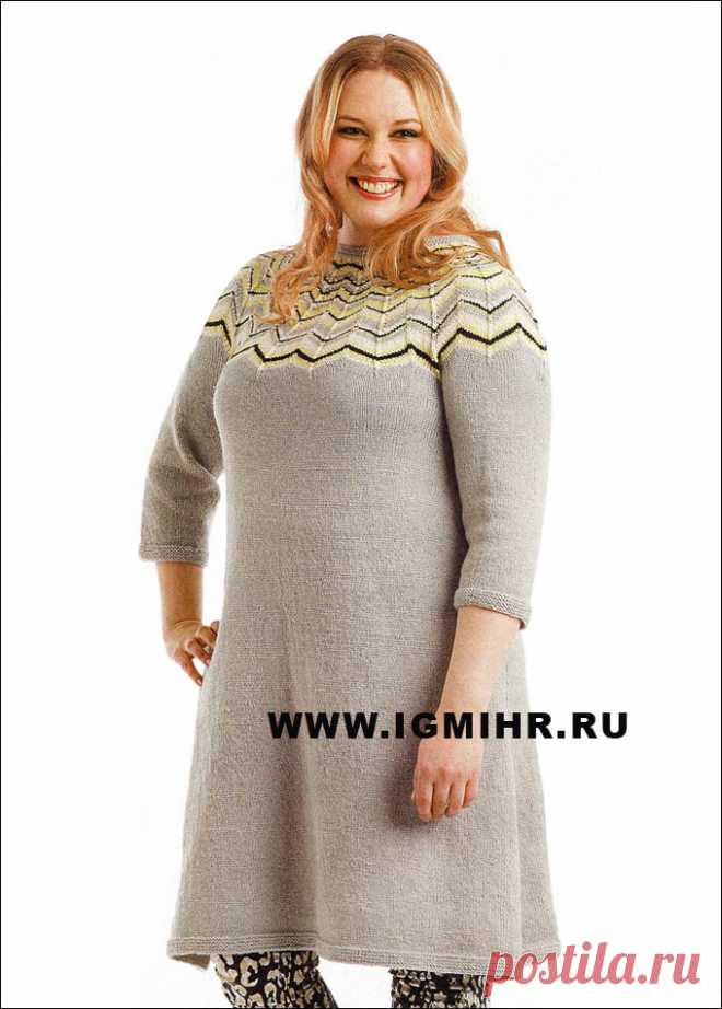 Вязание спицами. Жаккард. Платье с круглой кокеткой.