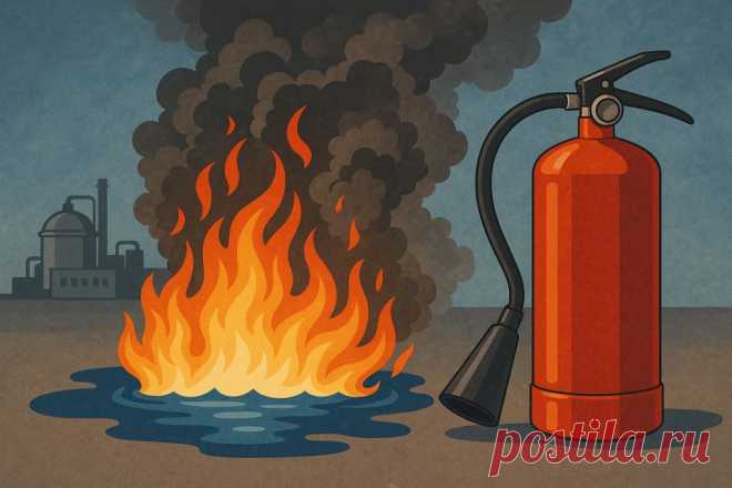 🔥 Пожары класса B — горение жидкостей и сжиженных газов. Быстрое распространение огня и легко воспламеняемые пары требуют специальных методов тушения: пены, порошки, CO₂ и инертные газы. Защищайте людей и имущество! 🛑🏭 #ПожарнаяБезопасность #КлассB #ТушениеПожаров