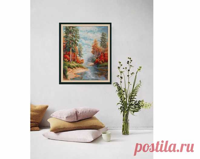 Painting with a golden autumn forest landscape in the living room - Shop RomanovaCrossStitch Wall Décor - Pinkoi