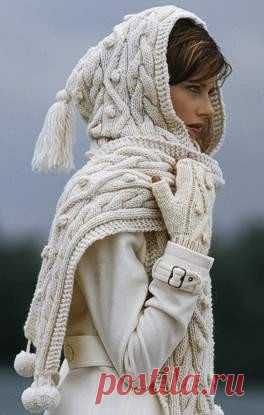 Hand Knit Hood Scarf with cables From Merino Wool