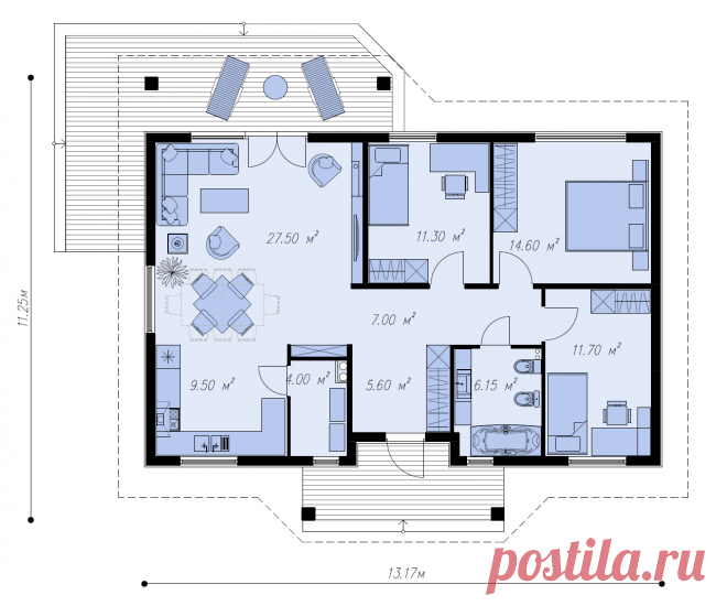 Проект Z7 | 98 кв.м., 1 этажей, 4 жилых комнат, 1 ванных и сан. узлов, 1 балконов и террас