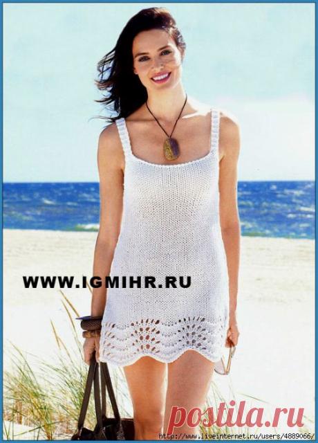 Отпускное настроение! Легкое белое платье с волнами. Спицы