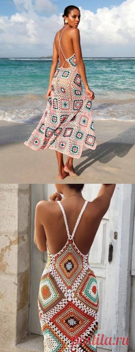 Летние вязаные сарафаны из квадратных элементов