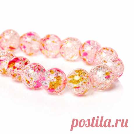 Стеклянные бусины 10 мм. с узором и розовыми пятнами (1 нить (84 шт.))