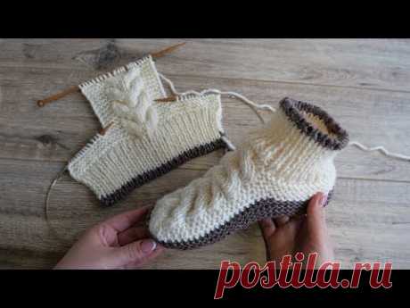 Следки – сапожки с косами спицами | Homemade knitted slippers
