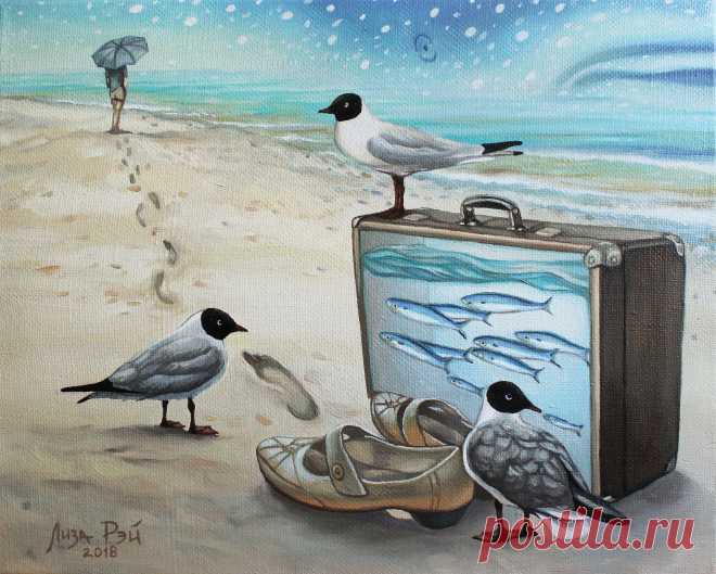 Лиза Рэй –  Чемоданное настроение
Lisa Ray - A traveling mood
50Х40, 2018
canvas, oil  - холст, масло
#surreal #surrealism #超現實主義 #surréalisme #painting #LisaRay #сюрреализм #ЛизаРэй #живопись #картины #художник #art #искусство #море #пляж #отпуск #чемодан #чайки #рыбки #аквариум #следынапеске #настроение #башмаки #песок #зонтик #отдых #sea #beach #арты #vacation #suitcase #gulls #fish #aquarium #footprintsinthesand #mood #shoes #sand #umbrella #rest #кит #whale