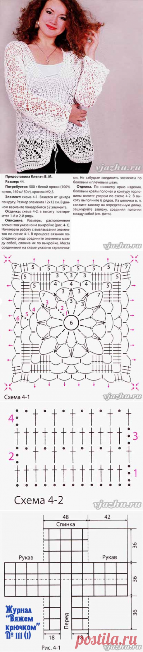 Кофточка из квадратных мотивов, схемы, описание