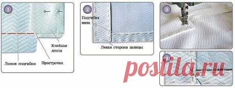 ОБРАБОТКА ШЛИЦЫ

1. Наметьте прокладочными стежками линию отворота левой стороны шлицы. От этой линии на отвороте проложите клейкую ленту, проутюжьте ее. Отогните отворот на изнаночную сторону, закрепите. Застрочите торец шлицы по линии подгибки юбки, не доходя до обрезанного края на 1 см, обрежьте припуск на уровне прострочки, сделайте диагональные срезы. 
2. Обработка шлицы. Сделайте подгибку изделия, приметайте двойной наметкой. Отверните шлицу на лицевую сторону, вытян...