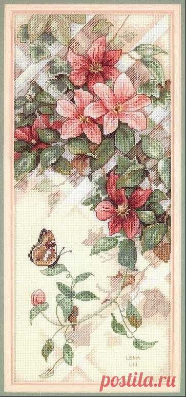 Бабочка на Клематисах Качественная вышивка: Бабочка на Клематисах, бесплатная схема вышивки крестом. На нашем сайте можно  любую схему вышивки и распечатать для удобного вышивания.