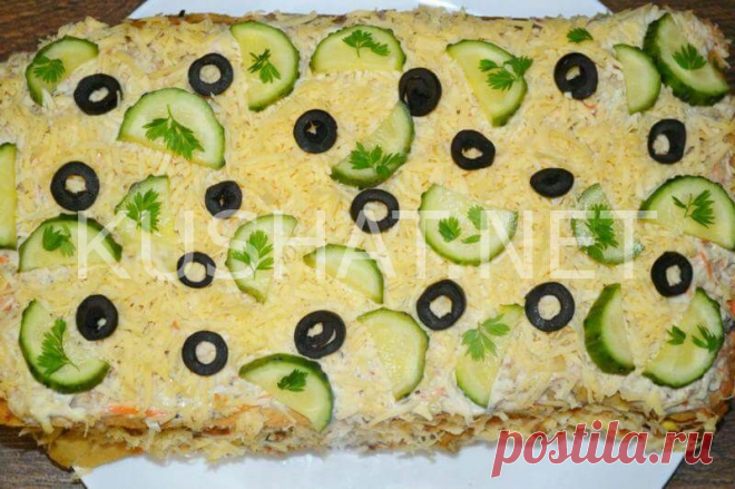 Закусочный торт «Наполеон» с консервами. Пошаговый рецепт с фото &bull; Кушать нет
