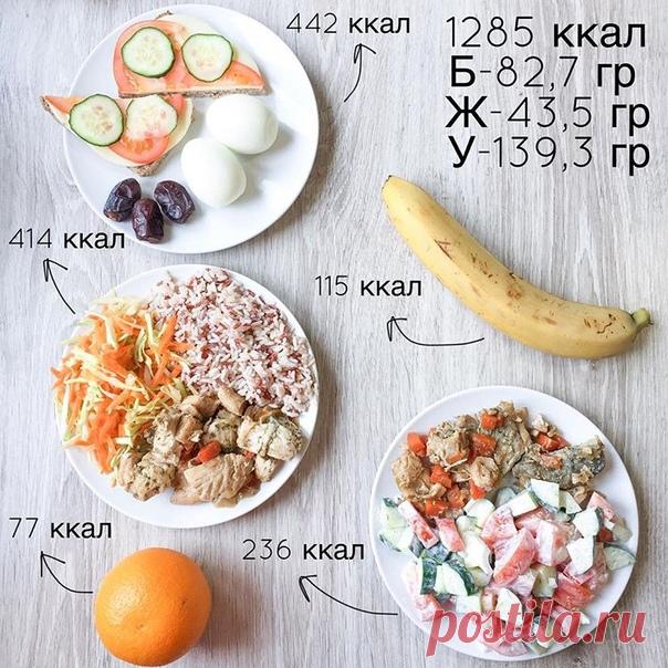 Рацион на 1285 калорий
К/Б/Ж/У за день 1285/82,7/43,5/139,3 

Завтрак 
Два варёных яйца 
Хлеб ЦЗ 40 гр 
Сыр 30 гр 
Овощи 20 гр 
Финики 20 гр 
Итого КБЖУ 442/25,4/22/35,8 

Перекус 
Банан большой 120 гр 
Итого КБЖУ 115/1,8/0,6/25,2 

Обед 
Рыба с овощами в соевом соусе, 1 порция (рецепт ниже) 
Рис отварной (50 гр в сухом виде) 
Салат (морковь 50 гр, капуста 50 гр, лук 20 г, масло 5 гр, соль, перец) 
Итого КБЖУ 414/27,8/12,2/50,6 

Перекус 
Апельсин большой 180 гр 
Итого КБЖ...
