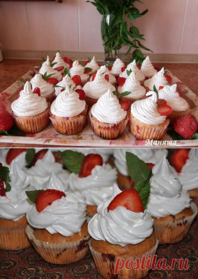 Клубничные капкейки с белковым заварным кремом : Выпечка сладкая