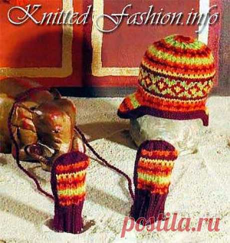 Шапочка с ушками и варежки с жаккардовым рисунком - KnittedFashion.info
