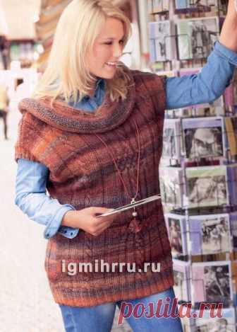 Для полных дам. Удлиненный меланжевый жилет с «косами». Вязание спицами