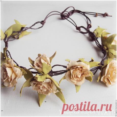 Купить "Ворожея" Украшение - ободок. - бежевый, роза ручной работы, украшение для волос, цветы из фоамирана