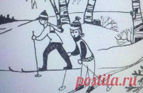 Только 1% людей способен найти тут зайца! Вот это задачка! Только для тех, кто замечает детали. Этот вопрос только для самых внимательных!
А вот и сама картинка! Ответ
Между лыжниками в верхней части: рука девушки — козырек(уши) — спина юноши...