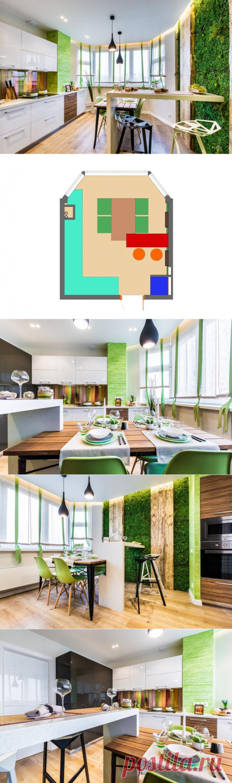 Дизайн кухни в типовой панельке: мох, камень и амбарные доски