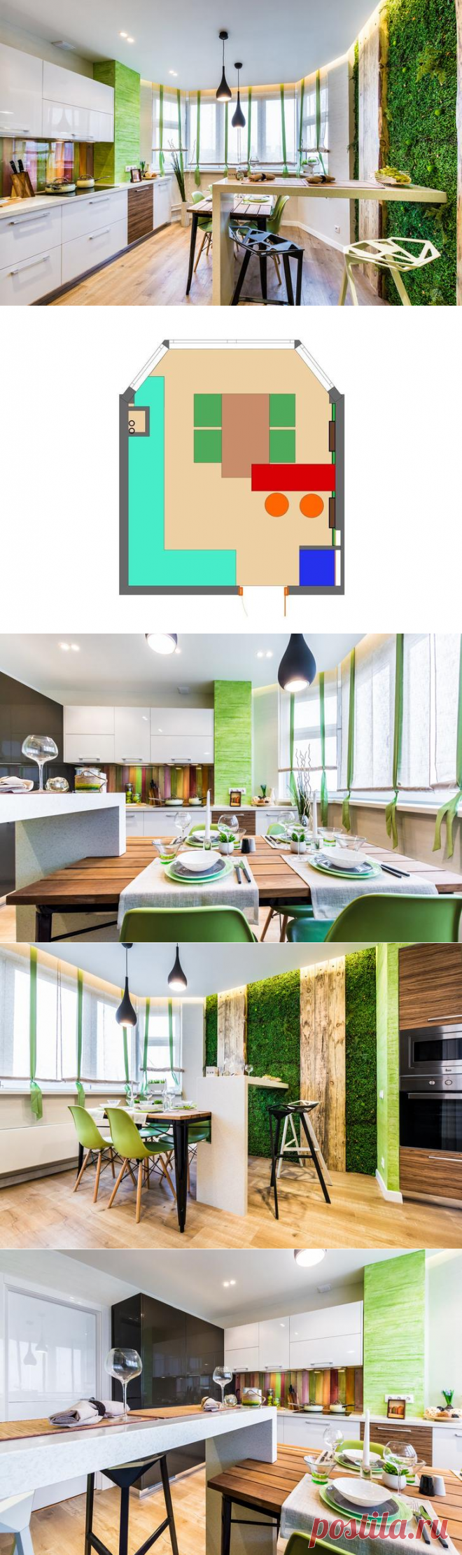 Дизайн кухни в типовой панельке: мох, камень и амбарные доски