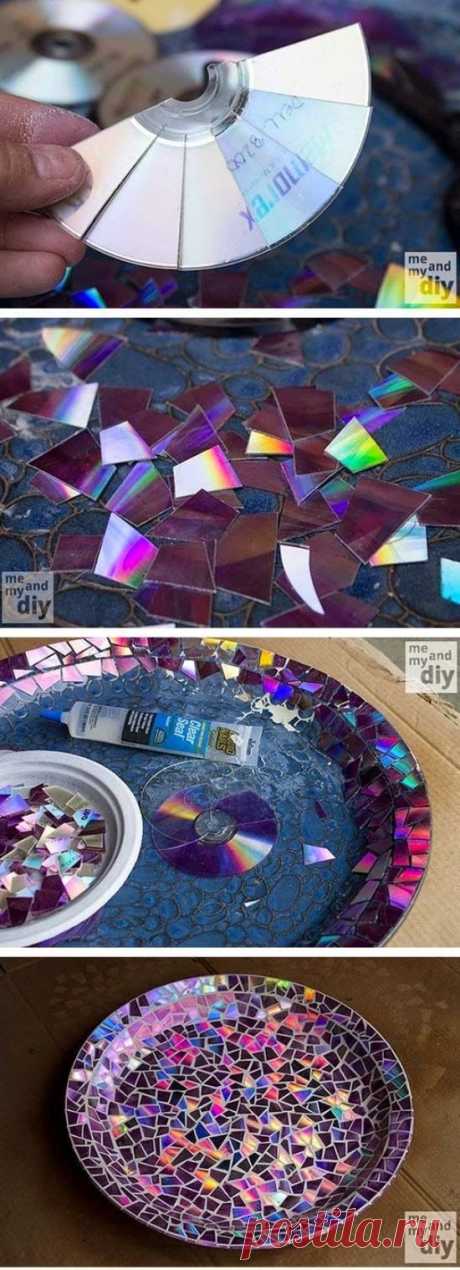 Mosaic Tile Birdbath using Recycled DVDs
