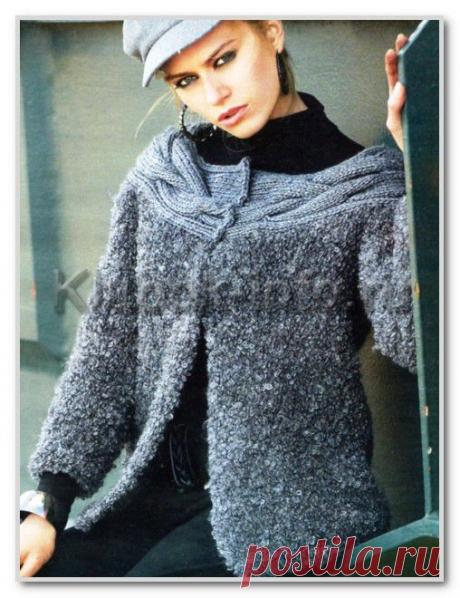 Вязание спицами. Женские модели. Жакет с декольтированным вырезом горловины и узором косы
