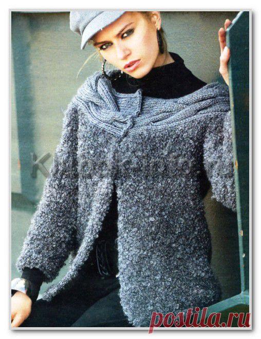 Вязание спицами. Женские модели. Жакет с декольтированным вырезом горловины и узором косы