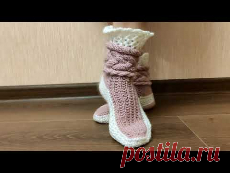 НОСОЧКИ-ТАПОЧКИ "РОЗОВАЯ НЕЖНОСТЬ" СПИЦАМИ. Вяжем домашние тапочки вместе.